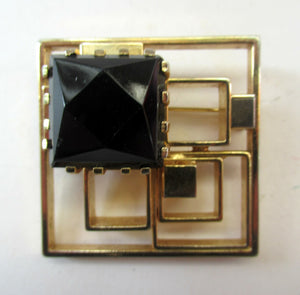 Vintage Costume Jewellery Large Square Brutalist Gold Colour Brooch Abstract with Large Glass Stone 1970s 