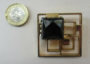 Vintage Costume Jewellery Large Square Brutalist Gold Colour Brooch Abstract with Large Glass Stone 1970s 