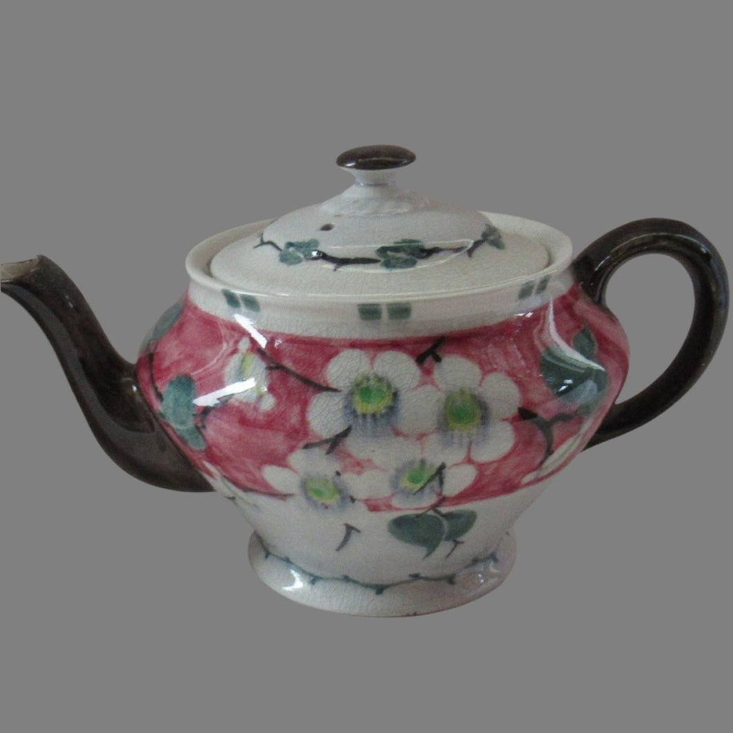 SCOTTISH POTTERY. Rare MakMerry Hand-Painted Teapot with White Prunus Blossoms and Pink Background. Excellent Condition