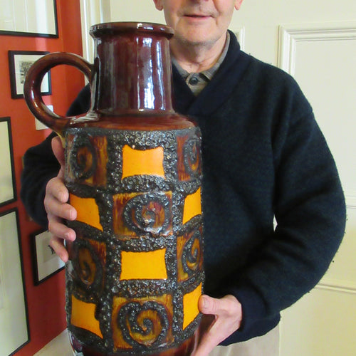 MASSIVE West German 1970s Floor Vase with Brown & Orange Glazes. Applied Fat Lava Abstract Shapes