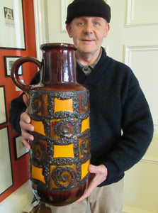 MASSIVE West German 1970s Floor Vase with Brown & Orange Glazes. Applied Fat Lava Abstract Shapes