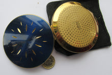 Load image into Gallery viewer, 1960s Stratton Pressed Powder Compact Blue Metallic Enamel and Gold Incised Abstract Shapes
