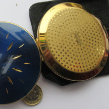 Load image into Gallery viewer, 1960s Stratton Pressed Powder Compact Blue Metallic Enamel and Gold Incised Abstract Shapes
