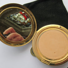 Load image into Gallery viewer, 1960s Stratton Pressed Powder Compact Blue Metallic Enamel and Gold Incised Abstract Shapes
