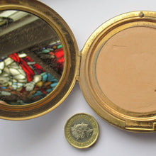 Load image into Gallery viewer, 1960s Stratton Pressed Powder Compact Blue Metallic Enamel and Gold Incised Abstract Shapes
