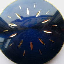 Load image into Gallery viewer, 1960s Stratton Pressed Powder Compact Blue Metallic Enamel and Gold Incised Abstract Shapes
