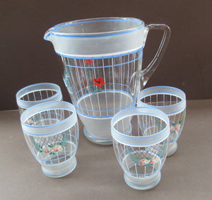 Mid Cenuty Modern Vintage Glass Lemonade Set with Floral Pattern 1940s 1950s