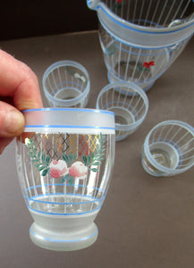 Mid Cenuty Modern Vintage Glass Lemonade Set with Floral Pattern 1940s 1950s