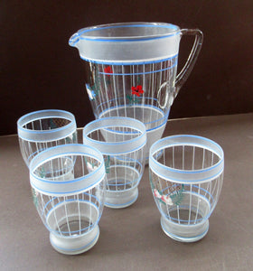 Mid Cenuty Modern Vintage Glass Lemonade Set with Floral Pattern 1940s 1950s