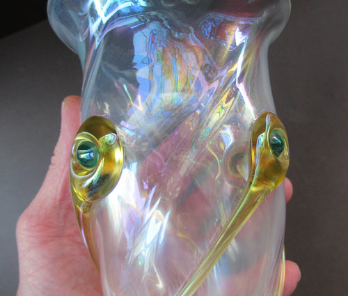 Stuart Glass Art Nouveau Cairngorm Vase with Peacock Trails Vaseline Edwardian