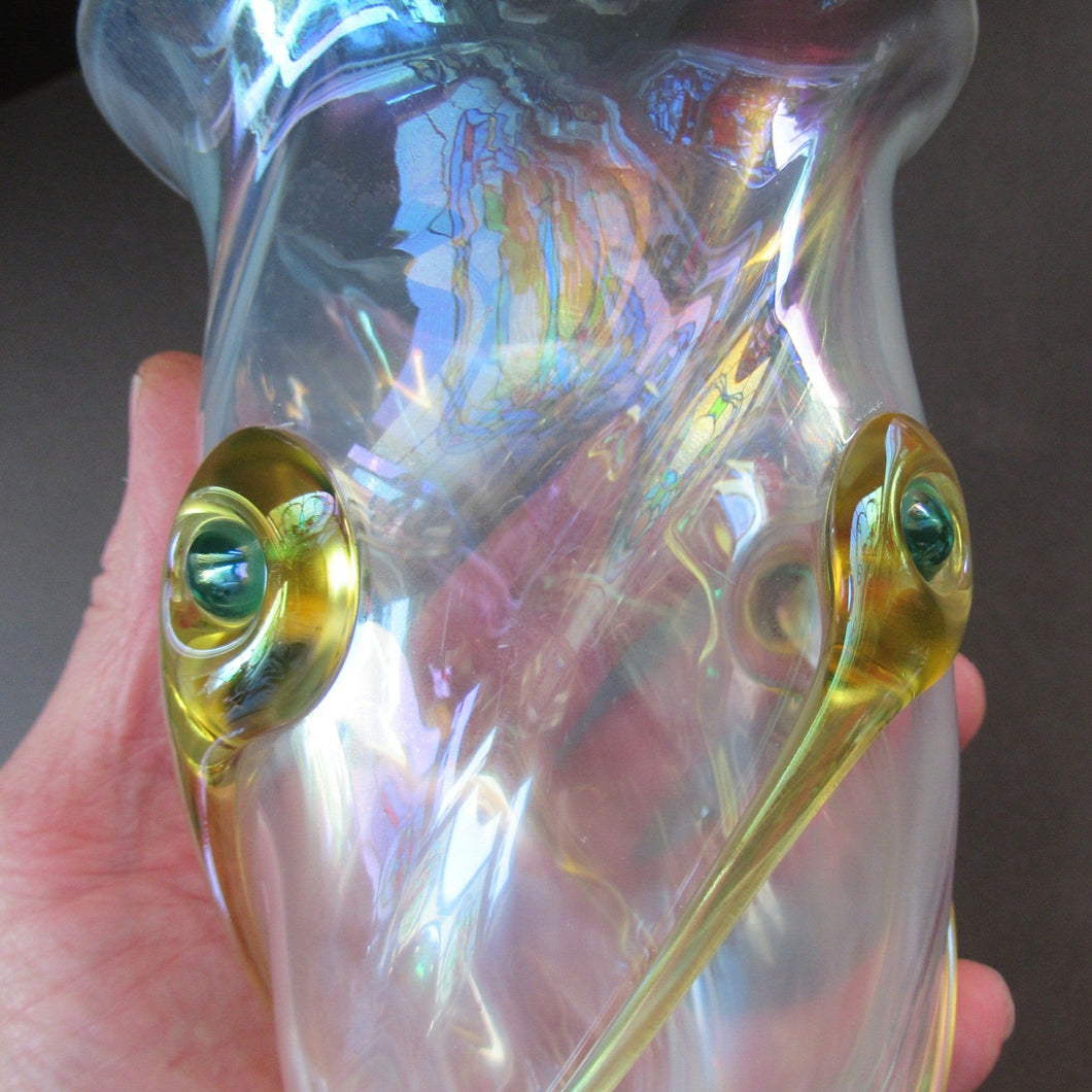 Stuart Glass Art Nouveau Cairngorm Vase with Peacock Trails Vaseline Edwardian