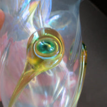 Load image into Gallery viewer, Stuart Glass Art Nouveau Cairngorm Vase with Peacock Trails Vaseline Edwardian
