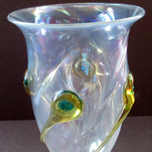 Load image into Gallery viewer, Stuart Glass Art Nouveau Cairngorm Vase with Peacock Trails Vaseline Edwardian
