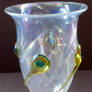 Stuart Glass Art Nouveau Cairngorm Vase with Peacock Trails Vaseline Edwardian
