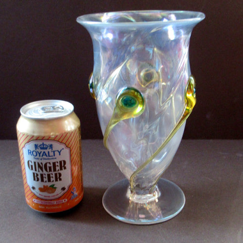Stuart Glass Art Nouveau Cairngorm Vase with Peacock Trails Vaseline Edwardian