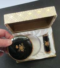 Load image into Gallery viewer, 1950s British Black Enamel Gold Rose Powder Compact and Lipstick Case Set Original Box
