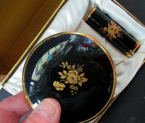 1950s British Black Enamel Gold Rose Powder Compact and Lipstick Case Set Original Box