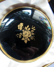 Load image into Gallery viewer, 1950s British Black Enamel Gold Rose Powder Compact and Lipstick Case Set Original Box
