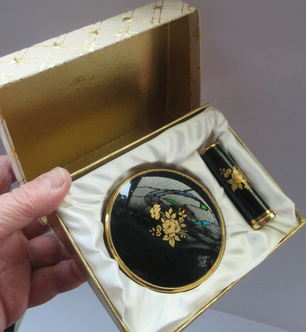1950s British Black Enamel Gold Rose Powder Compact and Lipstick Case Set Original Box