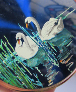 1960s Blue Enamel Powder Compact with Two White Swans Stratton