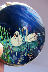 1960s Blue Enamel Powder Compact with Two White Swans Stratton