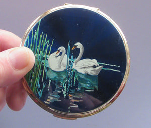 1960s Blue Enamel Powder Compact with Two White Swans Stratton