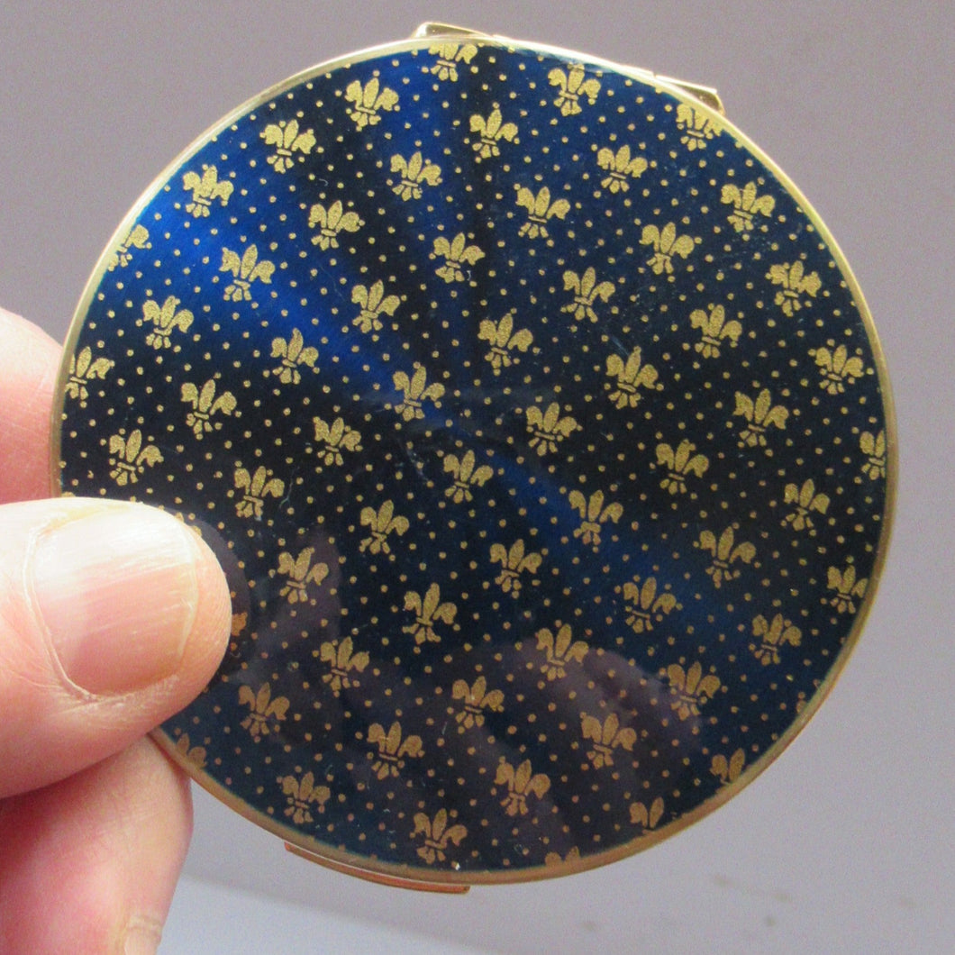 1960s Stratton Powder Compact. Blue Enamel with Fleur de Lis