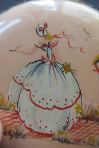 1930s Art Deco Celluloid Compact with Crinoline Lady Decoration