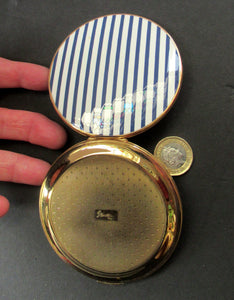 Vintage Stratton Powder Compact Blue and White Enamel Stripes Pattern 