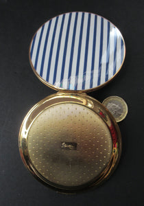 Vintage Stratton Powder Compact Blue and White Enamel Stripes Pattern 