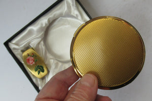 Vintage 1960s POWDER COMPACT & LIPSTICK Mirror with Pink Rose Motif. Design by MASCOT