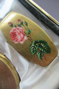 Vintage 1960s Mascot Pink Rose Compact with Lipstick Mirror