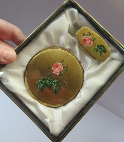 Vintage 1960s Mascot Pink Rose Compact with Lipstick Mirror