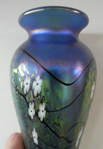 Tiffany Style Okra Glass Vase. Signed - Blue Glass with Cherry Blossom 