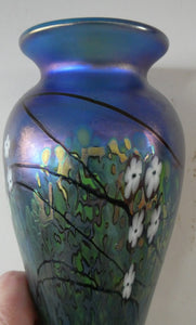 Tiffany Style Okra Glass Vase. Signed - Blue Glass with Cherry Blossom 