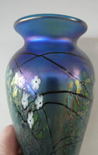 Load image into Gallery viewer, Tiffany Style Okra Glass Vase. Signed - Blue Glass with Cherry Blossom 
