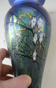 Tiffany Style Okra Glass Vase. Signed - Blue Glass with Cherry Blossom 
