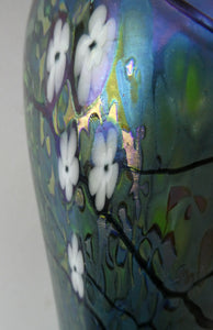 Tiffany Style Okra Glass Vase. Signed - Blue Glass with Cherry Blossom 