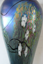 Load image into Gallery viewer, Tiffany Style Okra Glass Vase. Signed - Blue Glass with Cherry Blossom 
