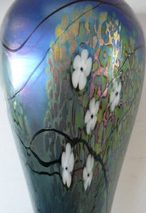 Tiffany Style Okra Glass Vase. Signed - Blue Glass with Cherry Blossom 