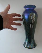 Load image into Gallery viewer, Tiffany Style Okra Glass Vase. Signed - Blue Glass with Cherry Blossom 
