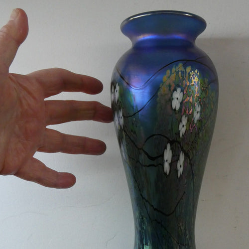 Tiffany Style Okra Glass Vase. Signed - Blue Glass with Cherry Blossom 
