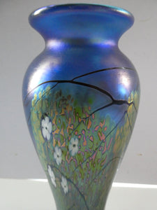 Tiffany Style Okra Glass Vase. Signed - Blue Glass with Cherry Blossom 