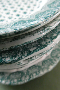 RARE Antique Lot of Transfer Printed MINATURE Child's Nursery Round Plates. Green Stars Pattern