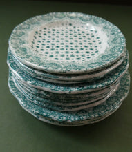 Load image into Gallery viewer, RARE Antique Lot of Transfer Printed MINATURE Child&#39;s Nursery Round Plates. Green Stars Pattern
