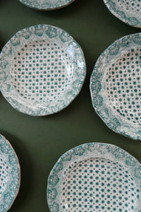 RARE Antique Lot of Transfer Printed MINATURE Child's Nursery Round Plates. Green Stars Pattern