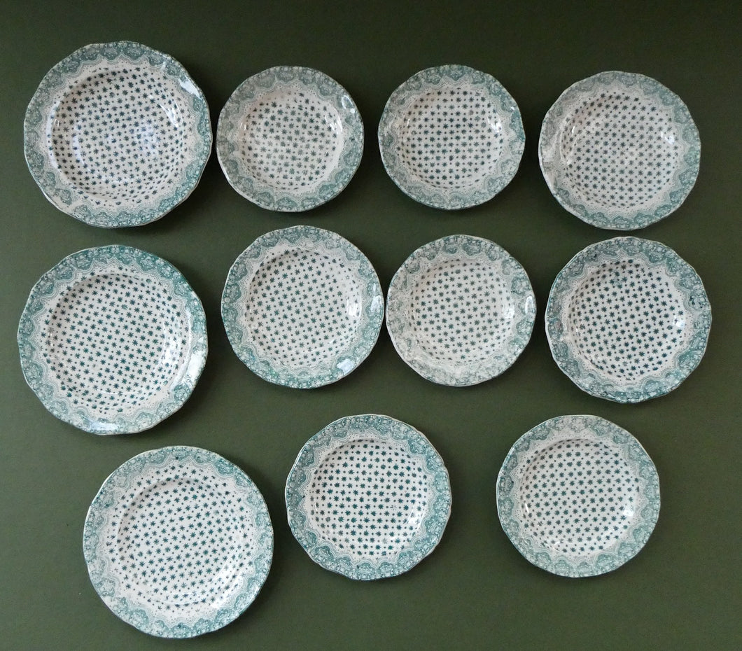 RARE Antique Lot of Transfer Printed MINATURE Child's Nursery Round Plates. Green Stars Pattern