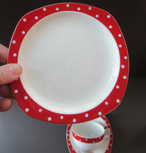Load image into Gallery viewer, Red Domino Midwinter Coffee Cup and Saucer Side Plate 1950s Polka Dot
