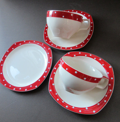 Red Domino Midwinter Coffee Cup and Saucer Side Plate 1950s Polka Dot