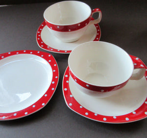 Red Domino Midwinter Coffee Cup and Saucer Side Plate 1950s Polka Dot